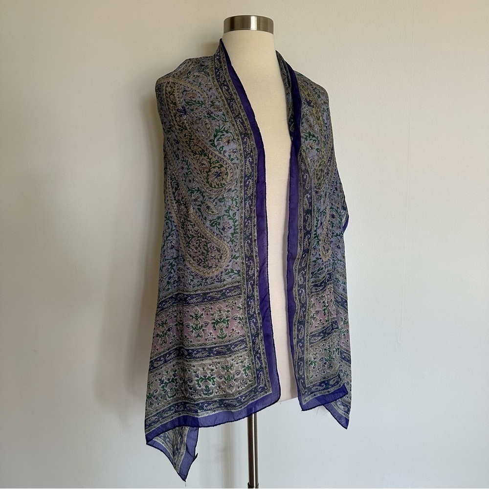 Vintage Long 100% Silk Purple Floral Scarf Head Wrap